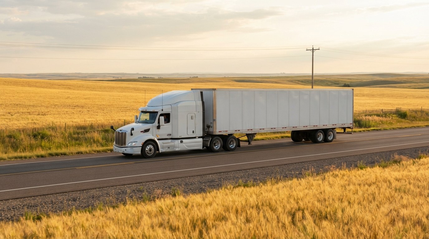 Tractor trailer crossing open golden farmland